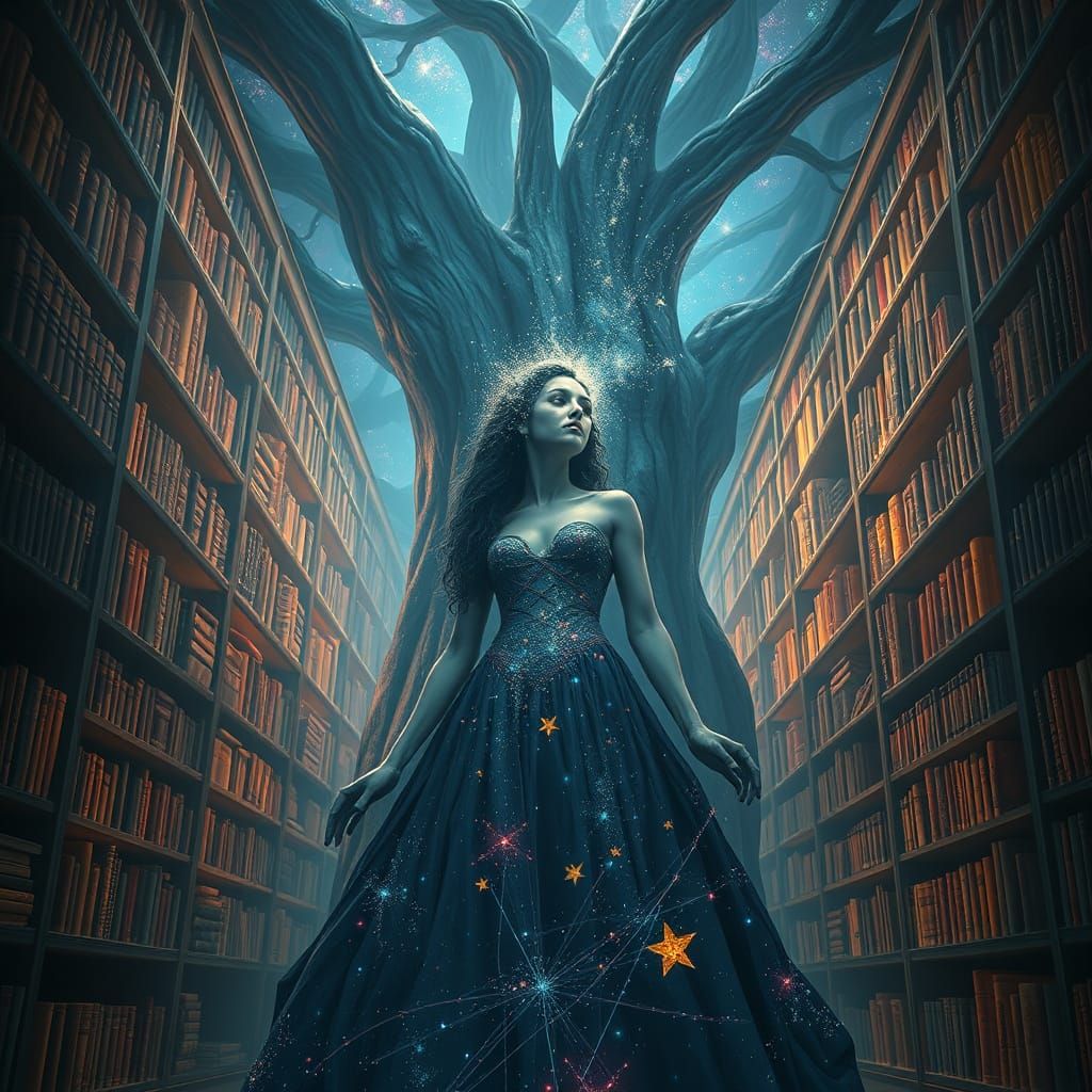 Glowing Librarian Amidst Cosmic Tomes