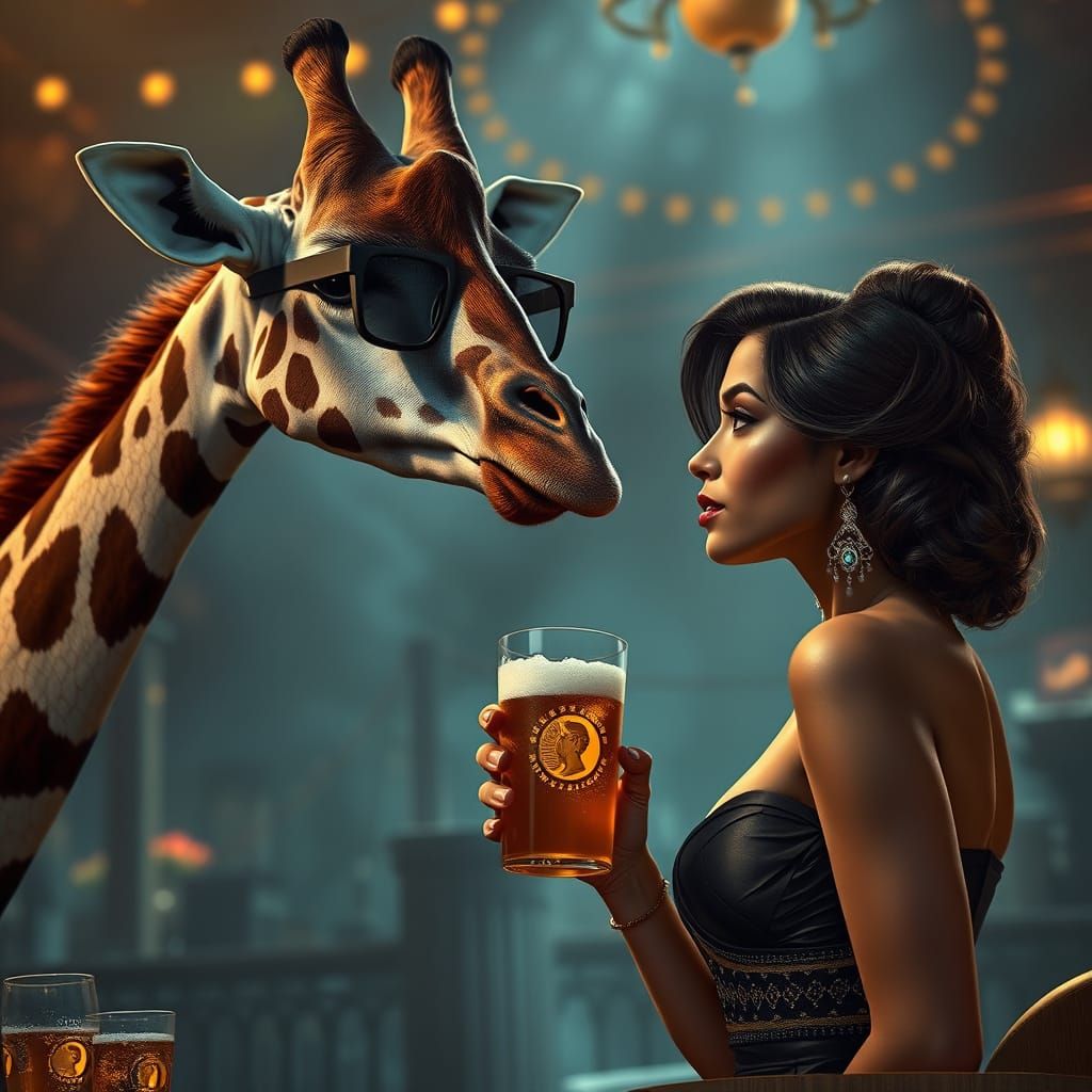 Giraffe and Brunette in Digital Matte Painting Style