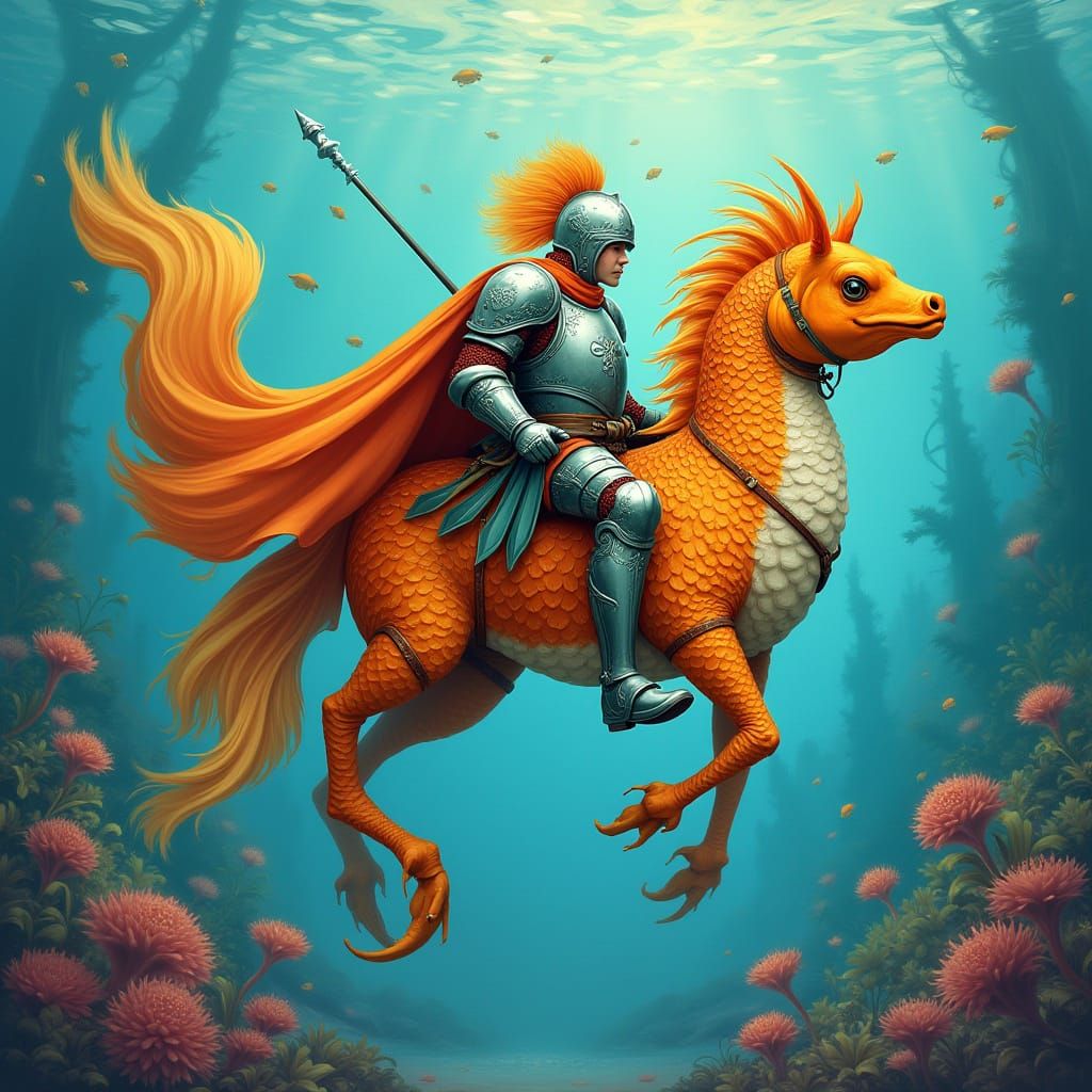 Goldfish Knight on Seahorse in Underwater Realm