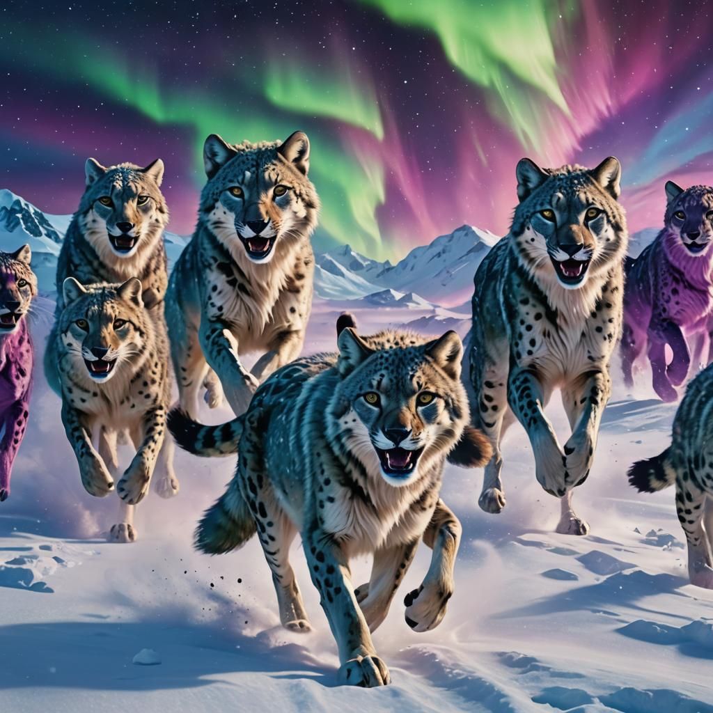 Hybrid Animal Pack Runs Under Antarctic Aurora