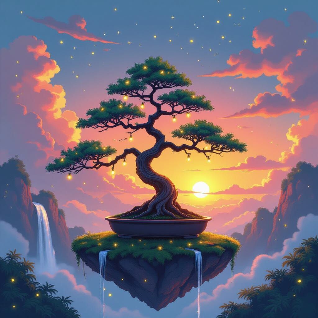 Rainbow Bonsai Tree on Floating Island with Sunset