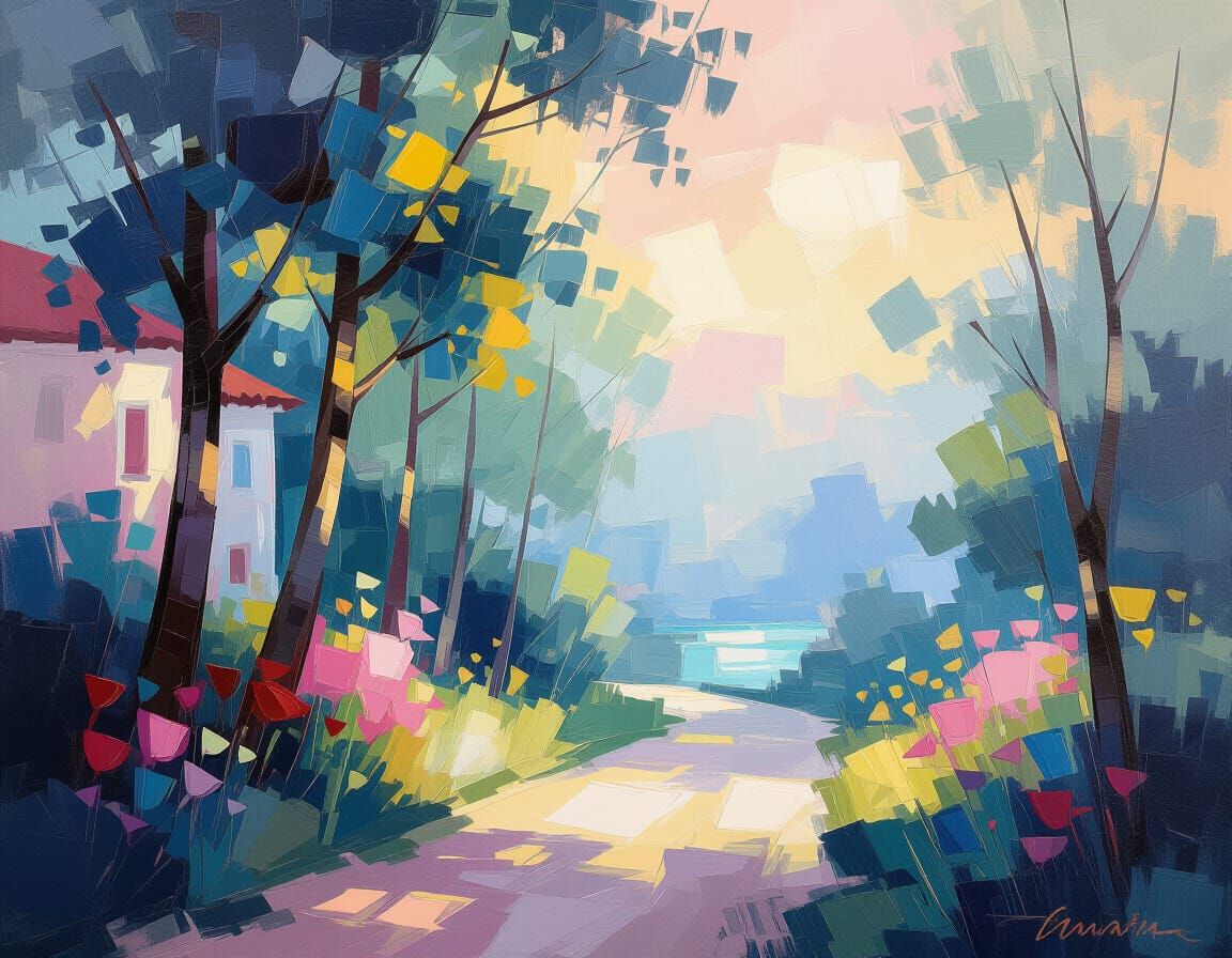 Impressionistic Mist Painting with Gold Accents