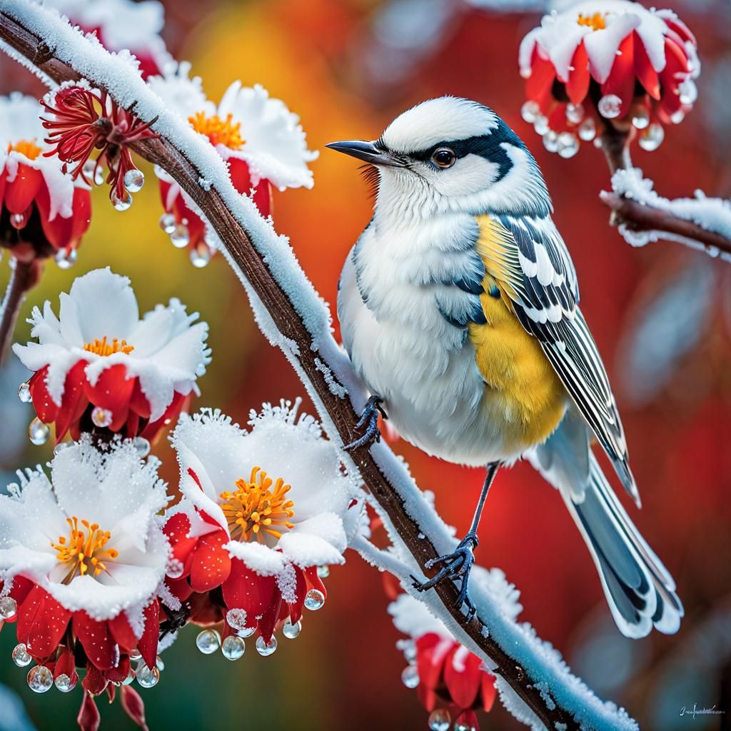 Songbird on Flower Branch in Floral Art Style