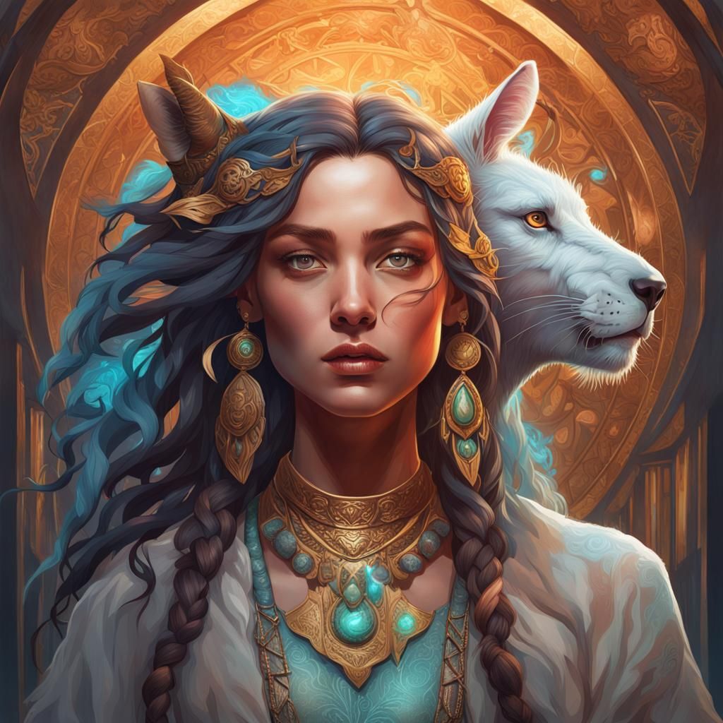 Woman with Spirit Animal, Hyperdetailed Splash Art