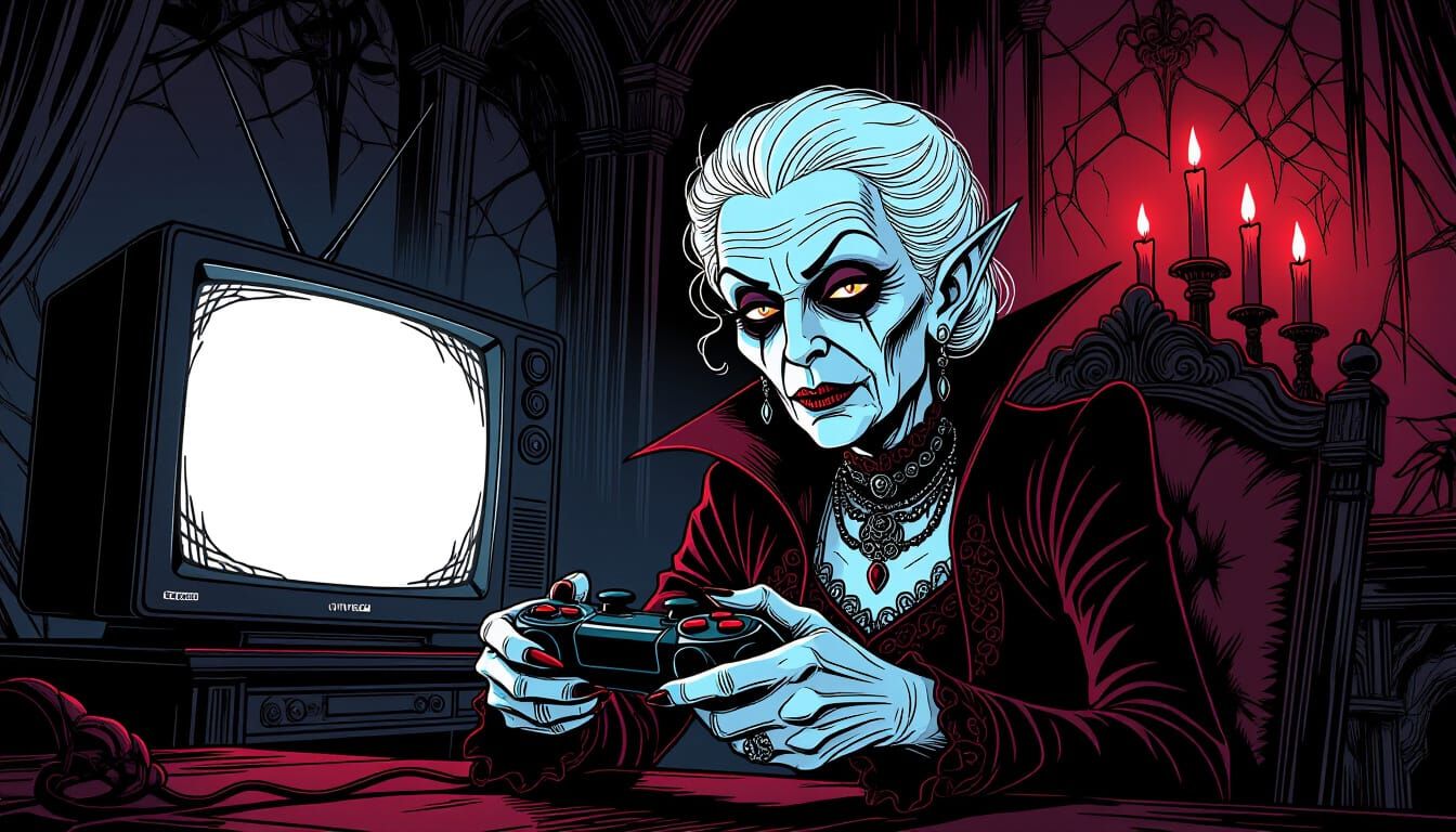 Elderly Vampire Gaming in Gothic Mansion as Pen and Ink