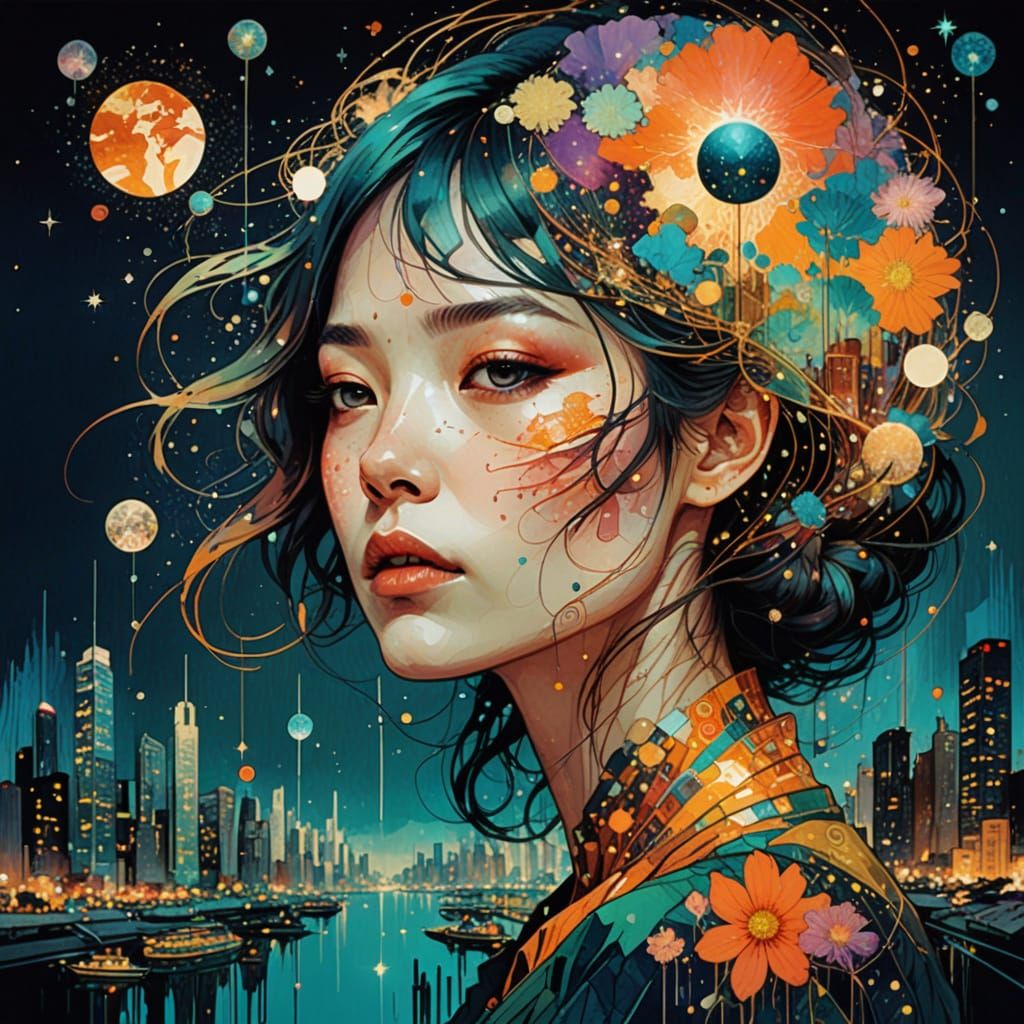 Glamorous Woman Amidst a Vibrant, Glitchy Cityscape