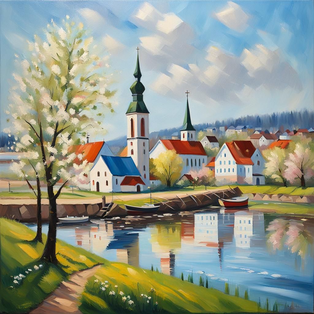 Scandinavian Village Riverside Church Oil on Canvas