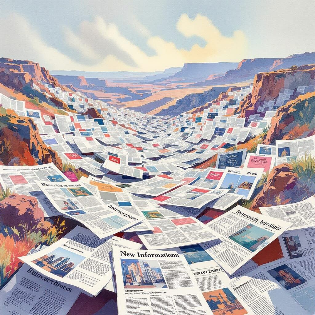 Textured Landscape Covered in Newspaper Front Pages as Gouac...