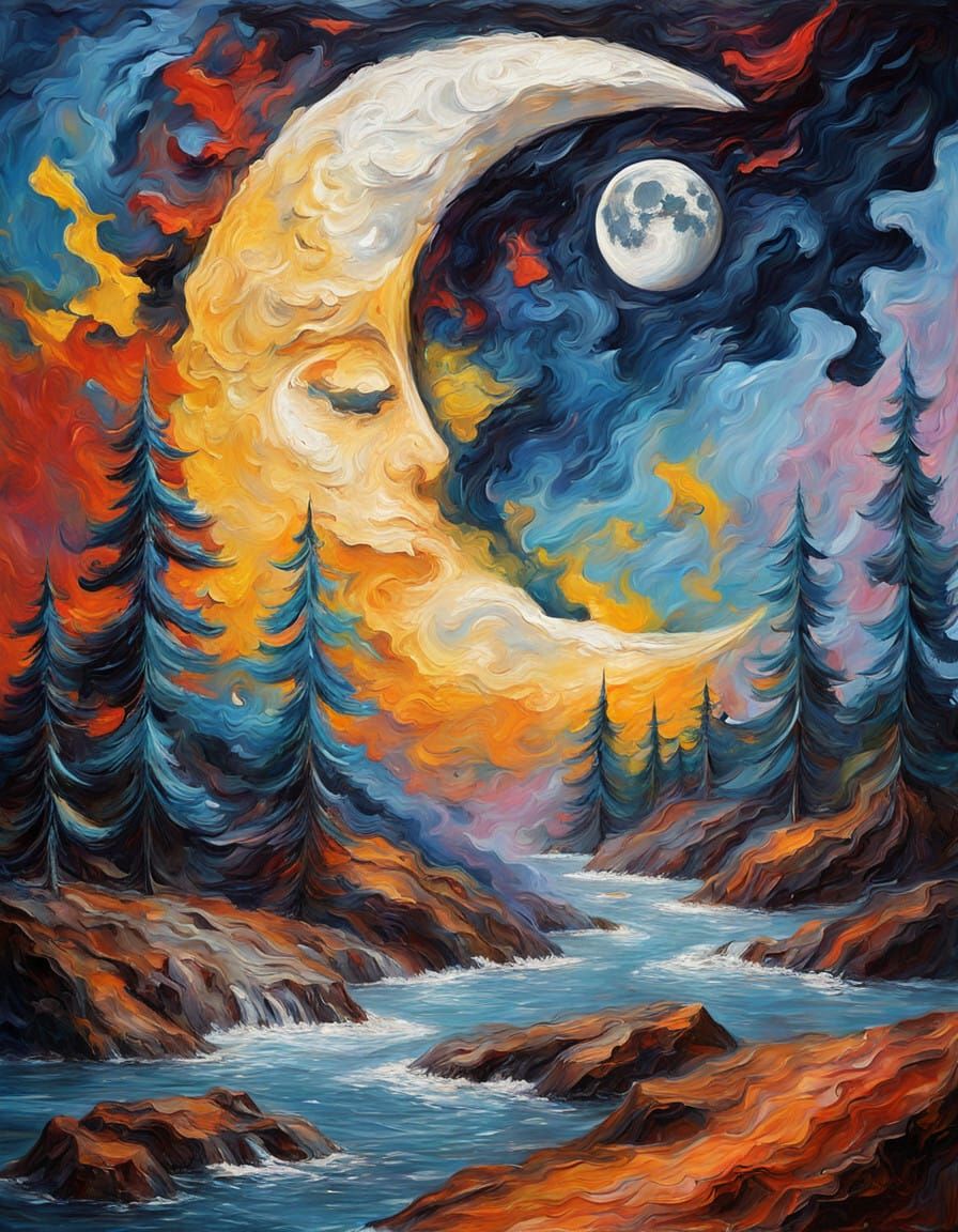 Impasto cascade hallucination dreamscape ambiguous reality stars moon broad strokes