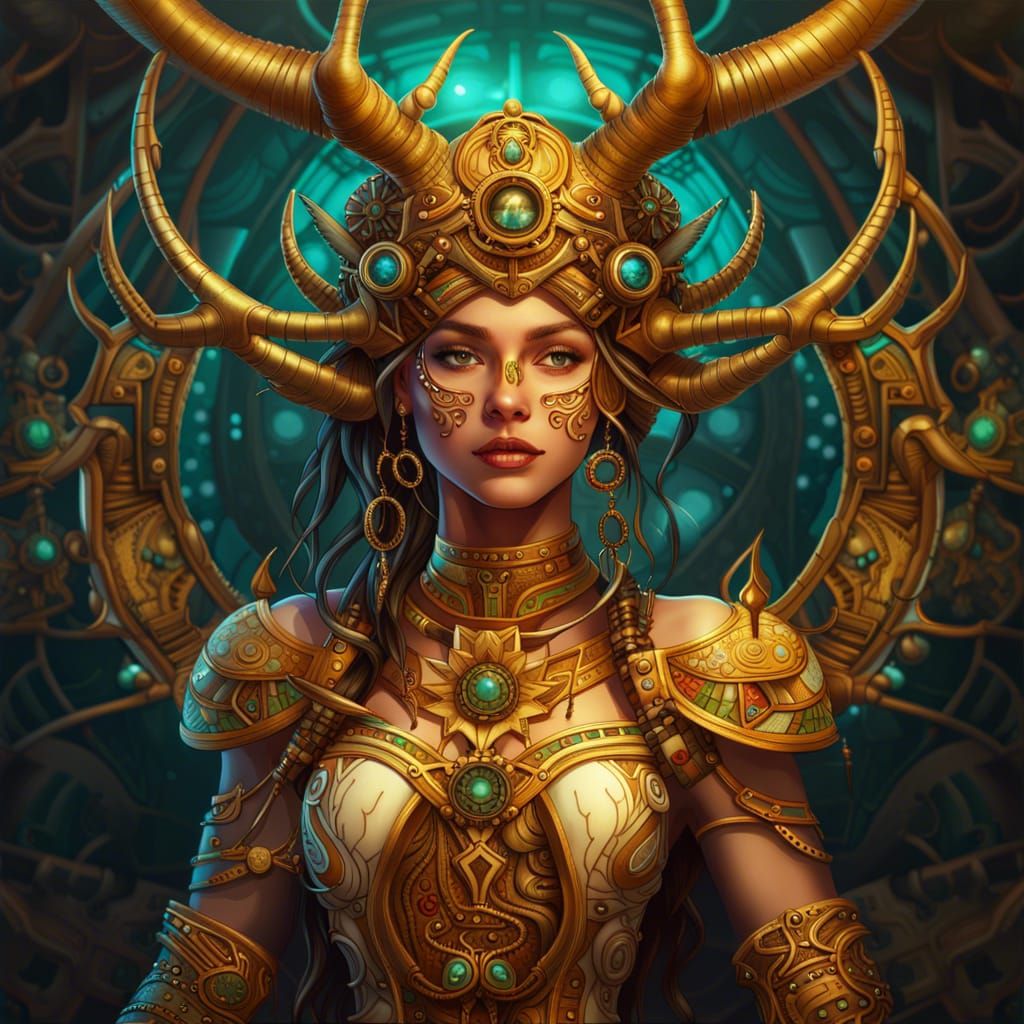 Steampunk Cybernetic Aztec Princess with Antlers