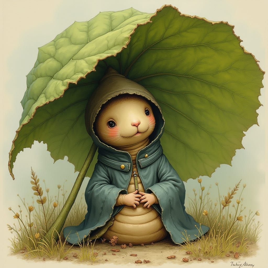Whimsical Earthworm in Raincoat Under Leaf