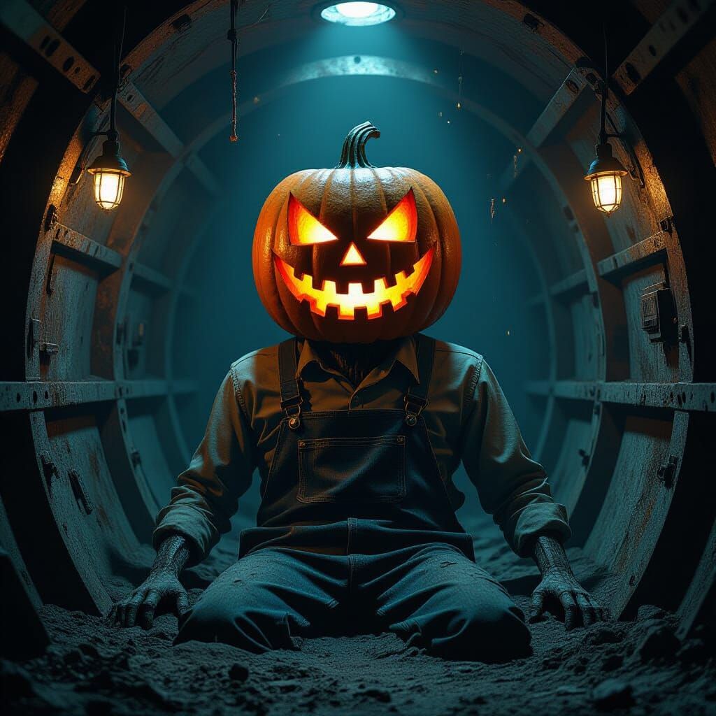 Menacing Pumpkin Head Figure in Derelict Bunker