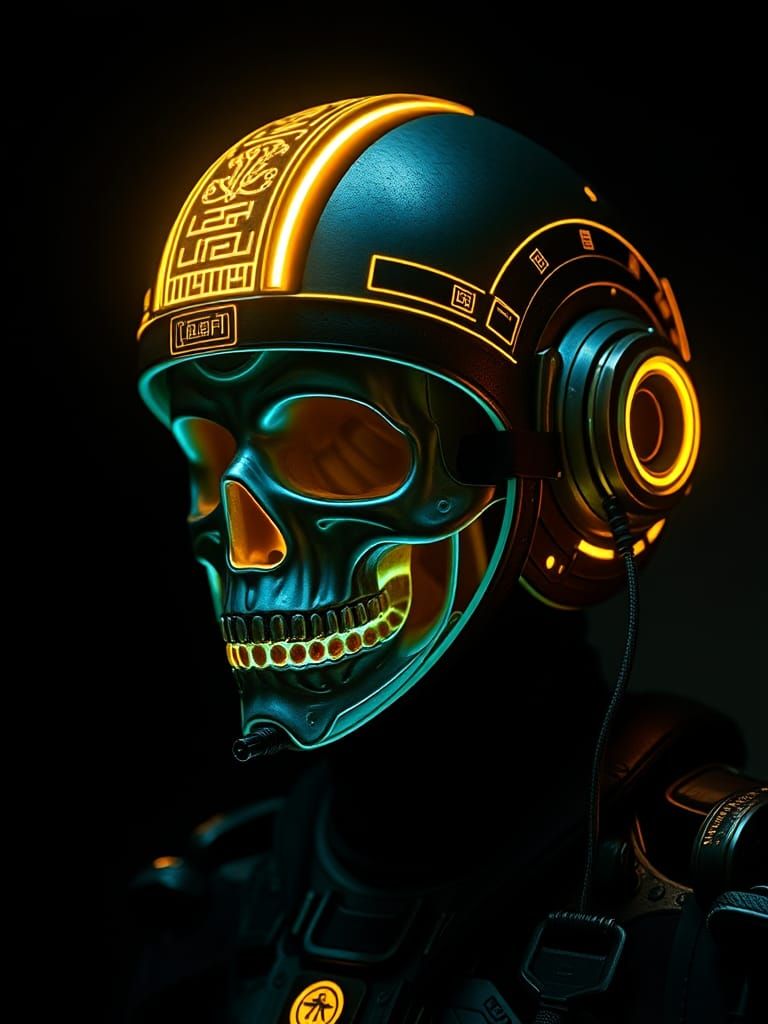 Futuristic Helmet with Luminous Hieroglyphs