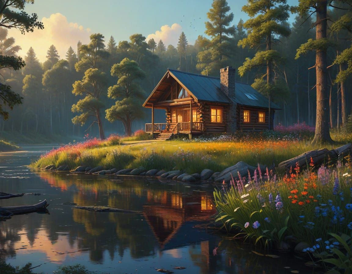 Serene Summer Cabin Scene in Realistic Digital Art