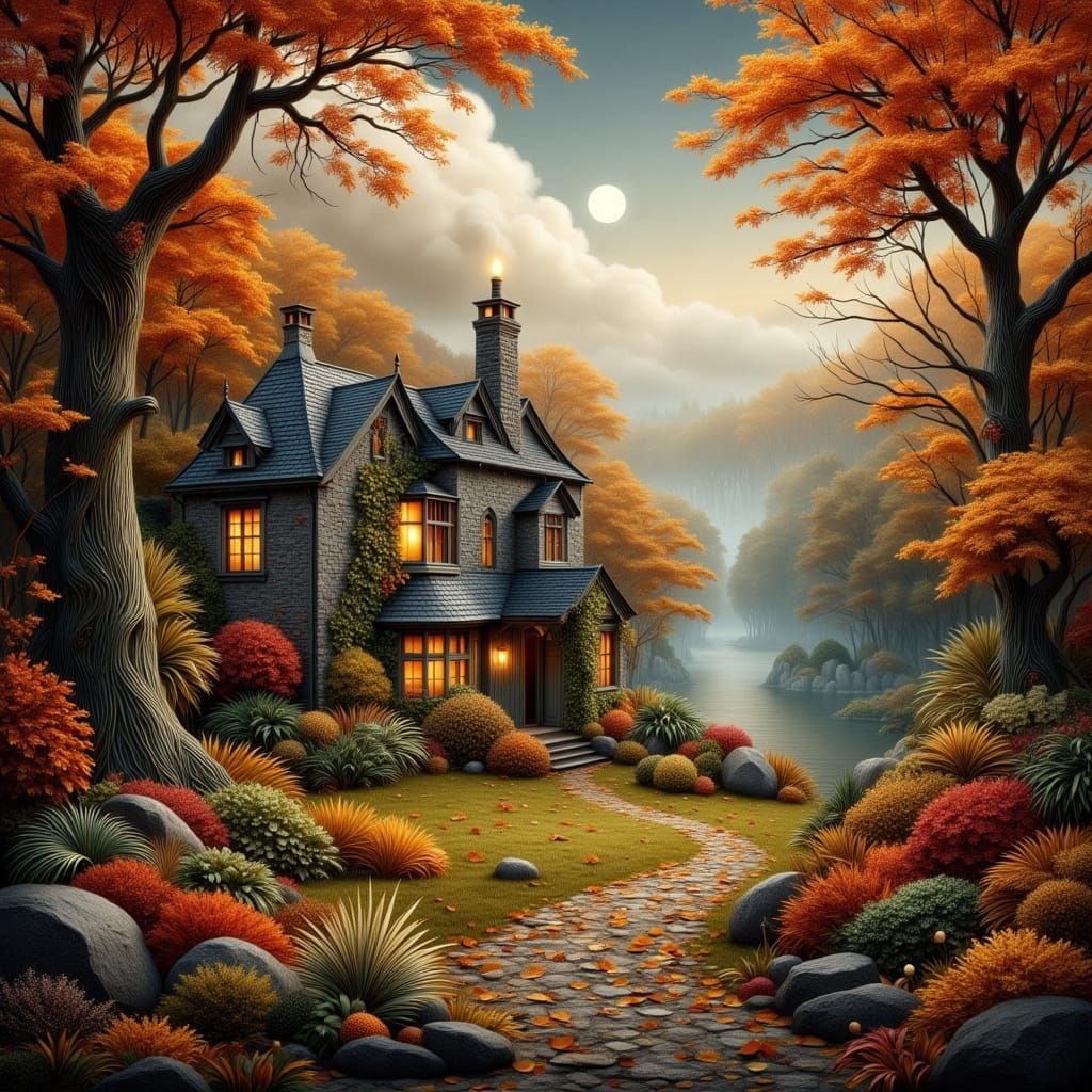 Quilled Autumn Forest with Cottage Under Moonlight