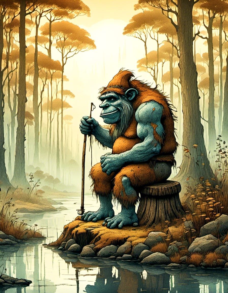 Cartoon Troll Fishing in Forest Lake