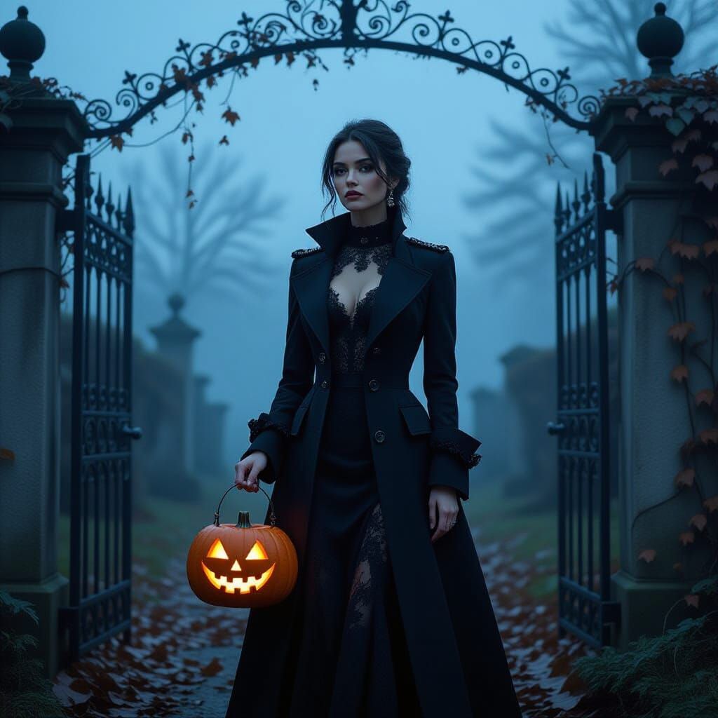 Gothic Fashion Portrait: Woman at Cemetery Gate