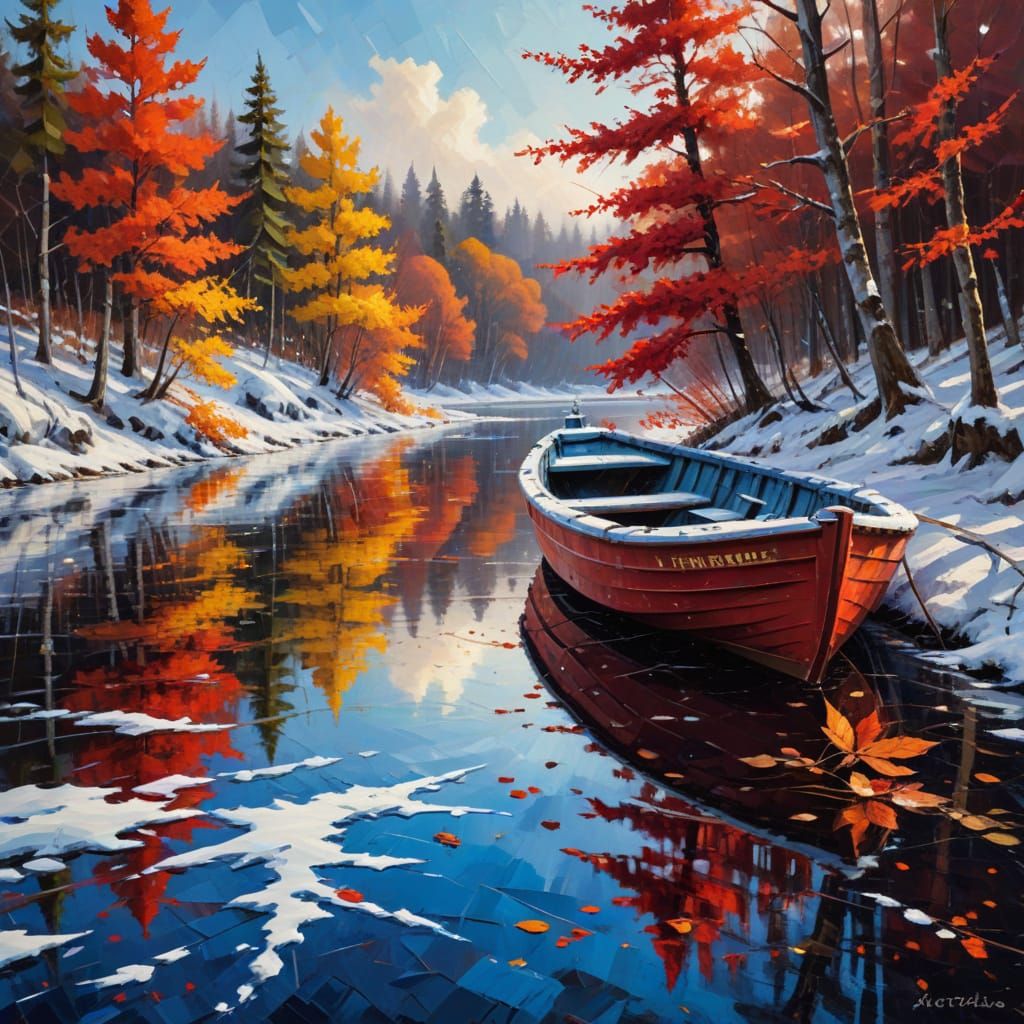 Winter Lake: Impasto Painting of Frozen Boat