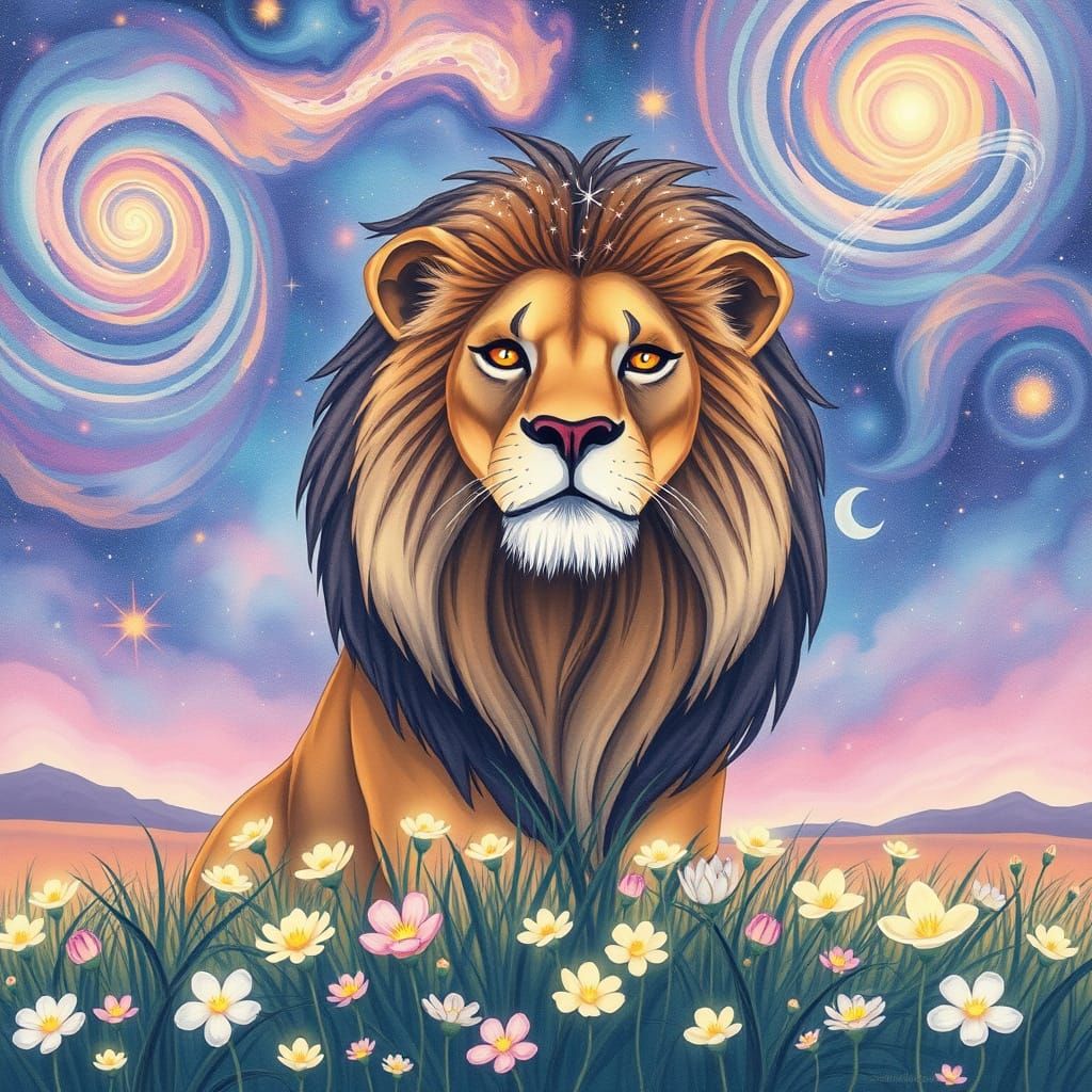 Stardust Lion Over Bioluminescent Savanna: Cosmic Watercolor...