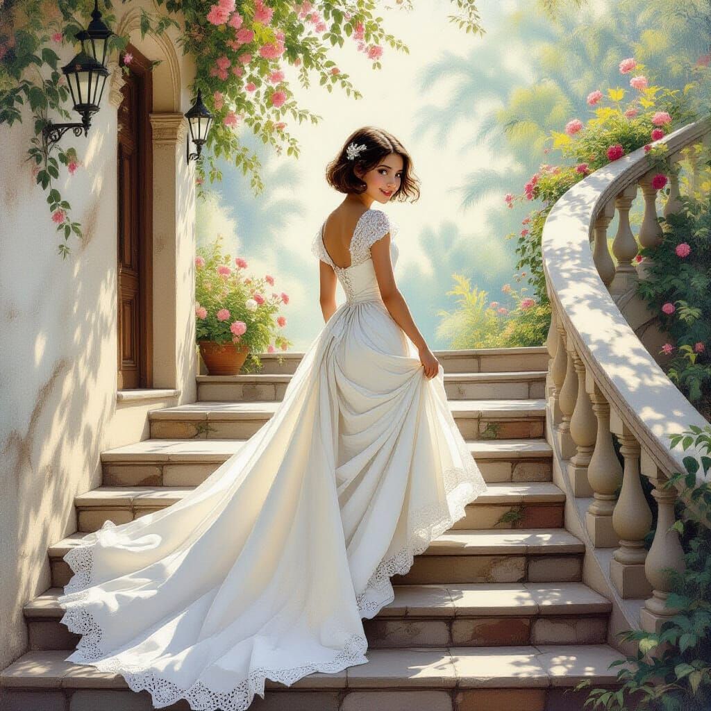 Girl Ascends Ethereal Stairs in White Dress