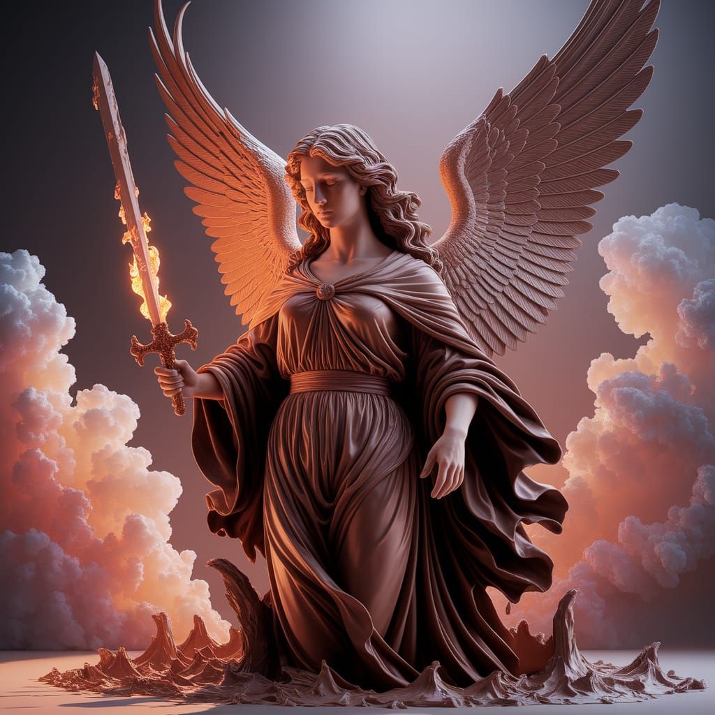 Melting Chocolate Angel Sculpture: Dreamlike Oil Painting