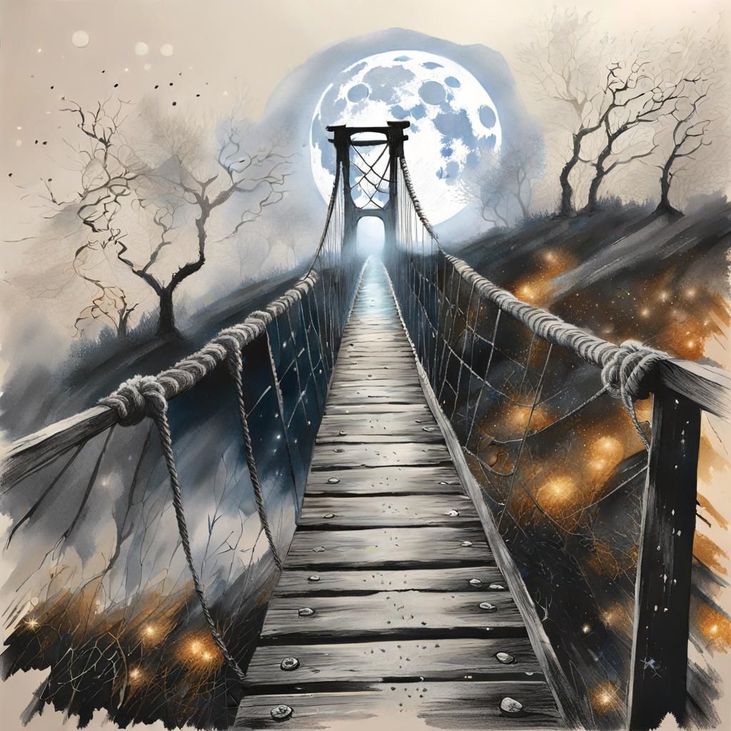 Fog Engulfed Rope Bridge in Hyperrealism Style