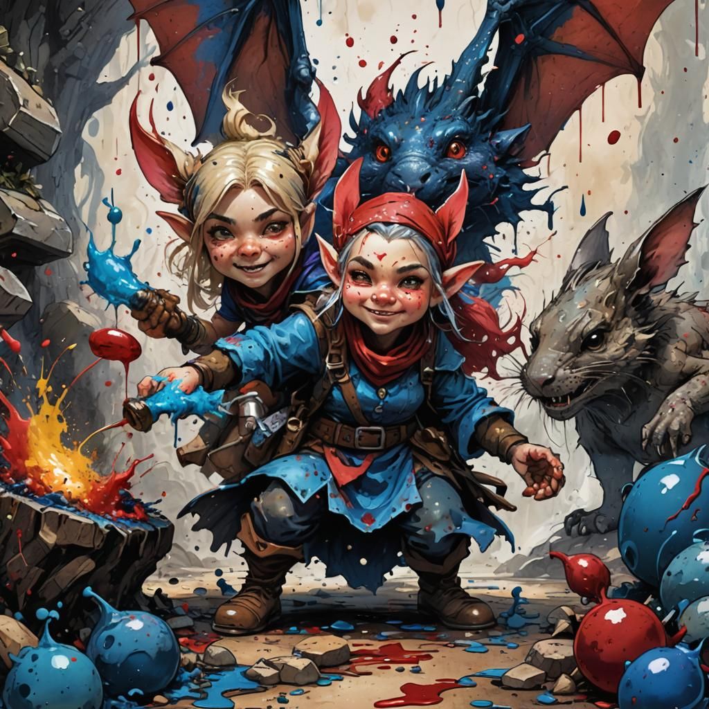 Gnome Alchemist with Dragon in Ink Splatter Art