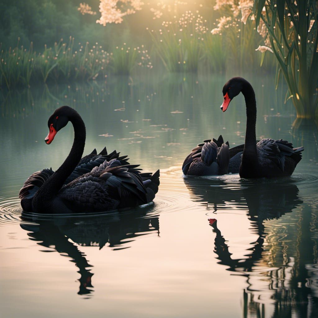 Black Swans Serene Lily Pond Volumetric Lighting