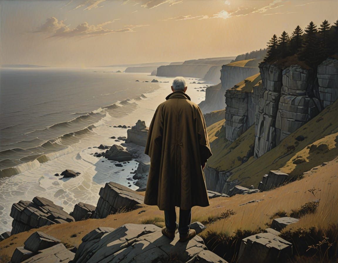 Ethereal Figure Contemplates Ocean Twilight