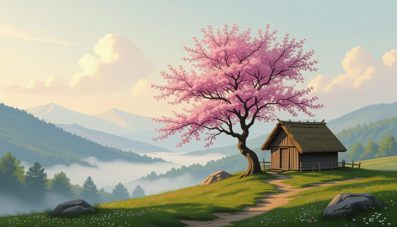 Ancient Tree and Hut on Windswept Hill