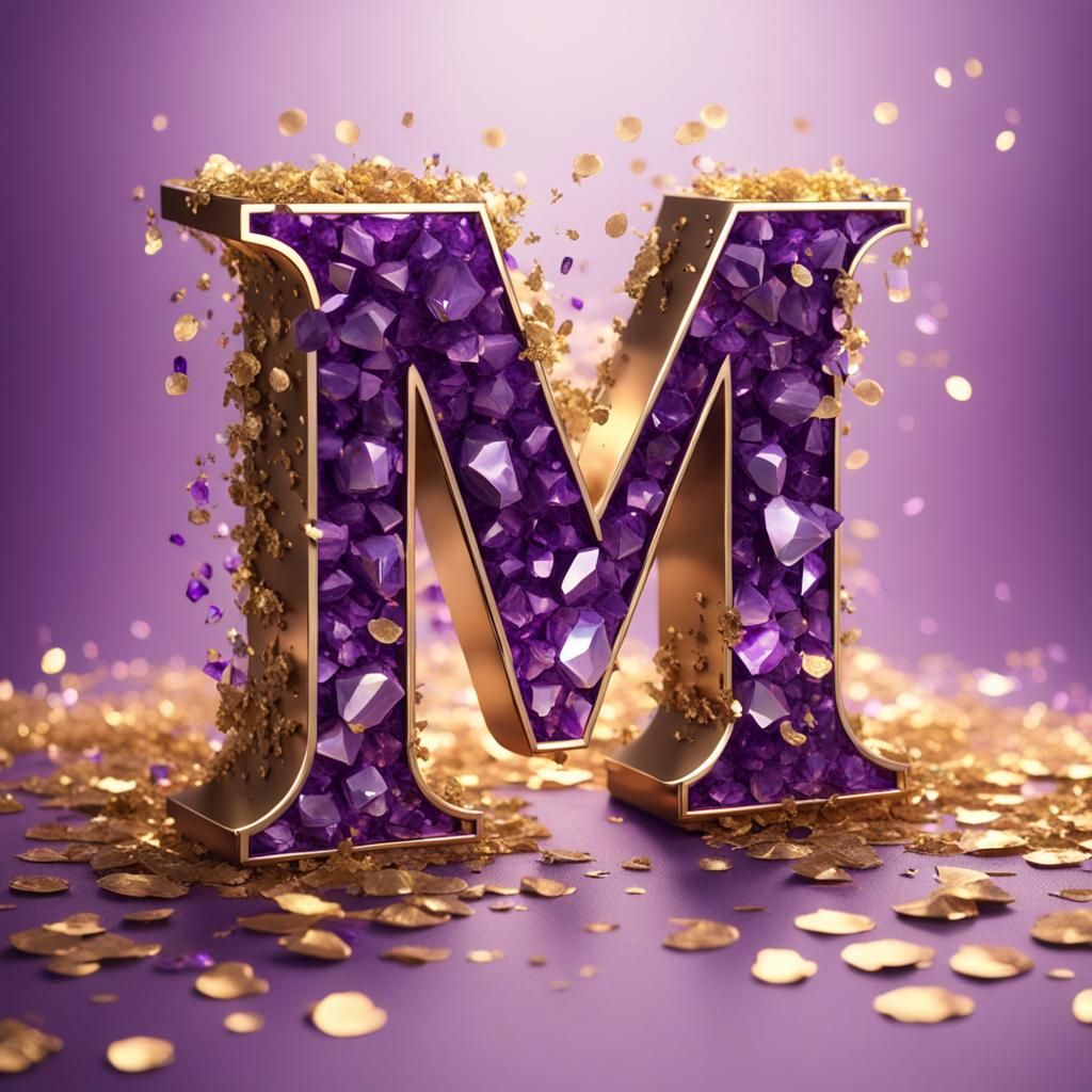 Purple Crystal Letter M in Holographic Style