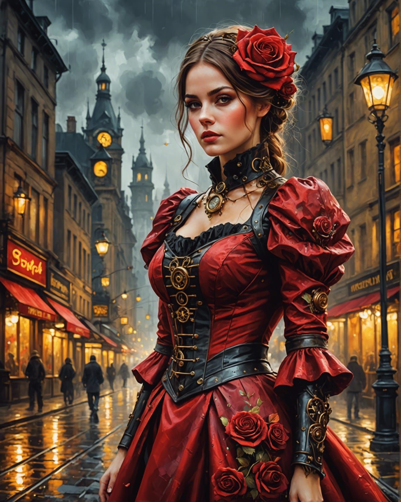 Steampunk Rose in Red Dress, Oil Painting Style