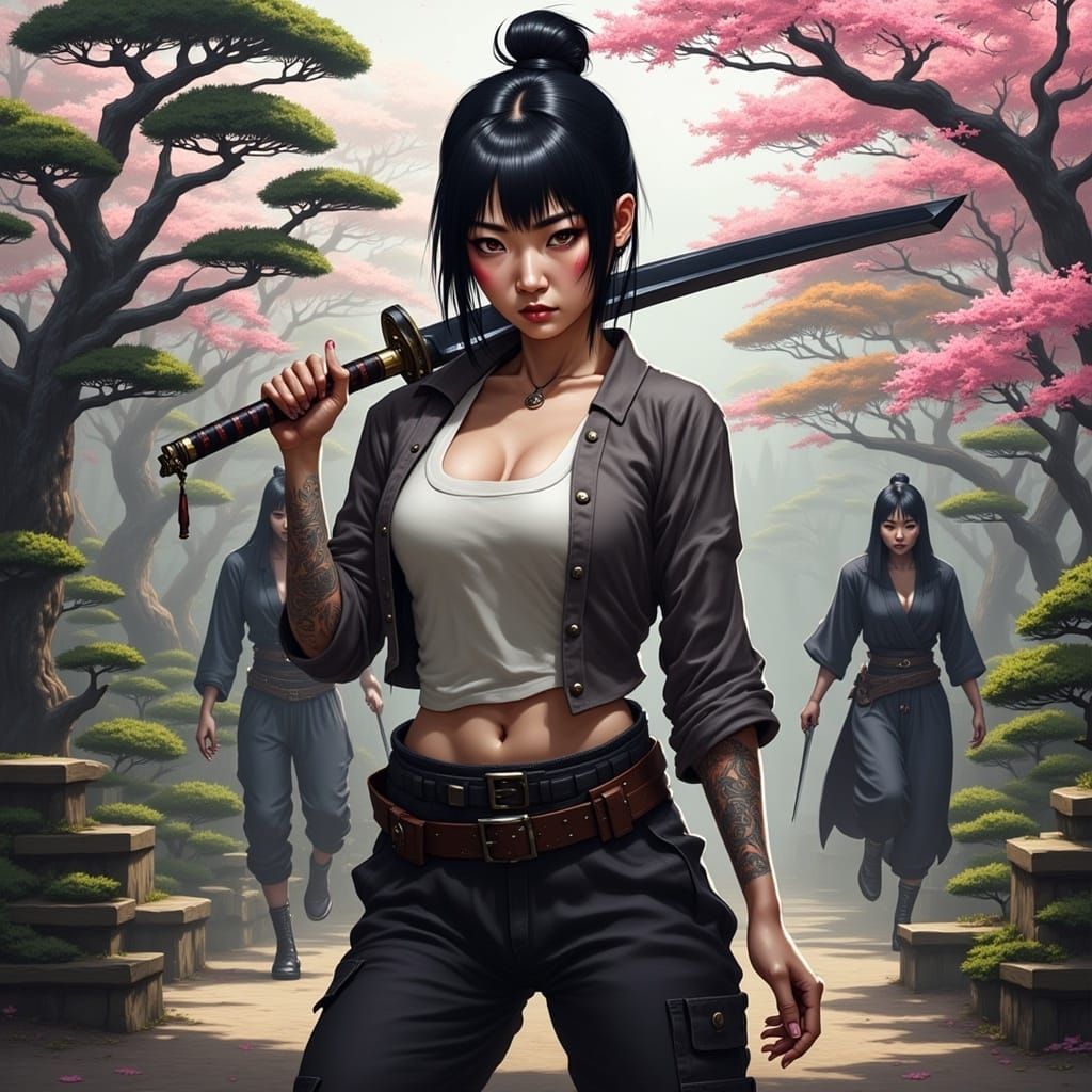 Gothic Anime Warrior Surrounded by Cherry Blossoms