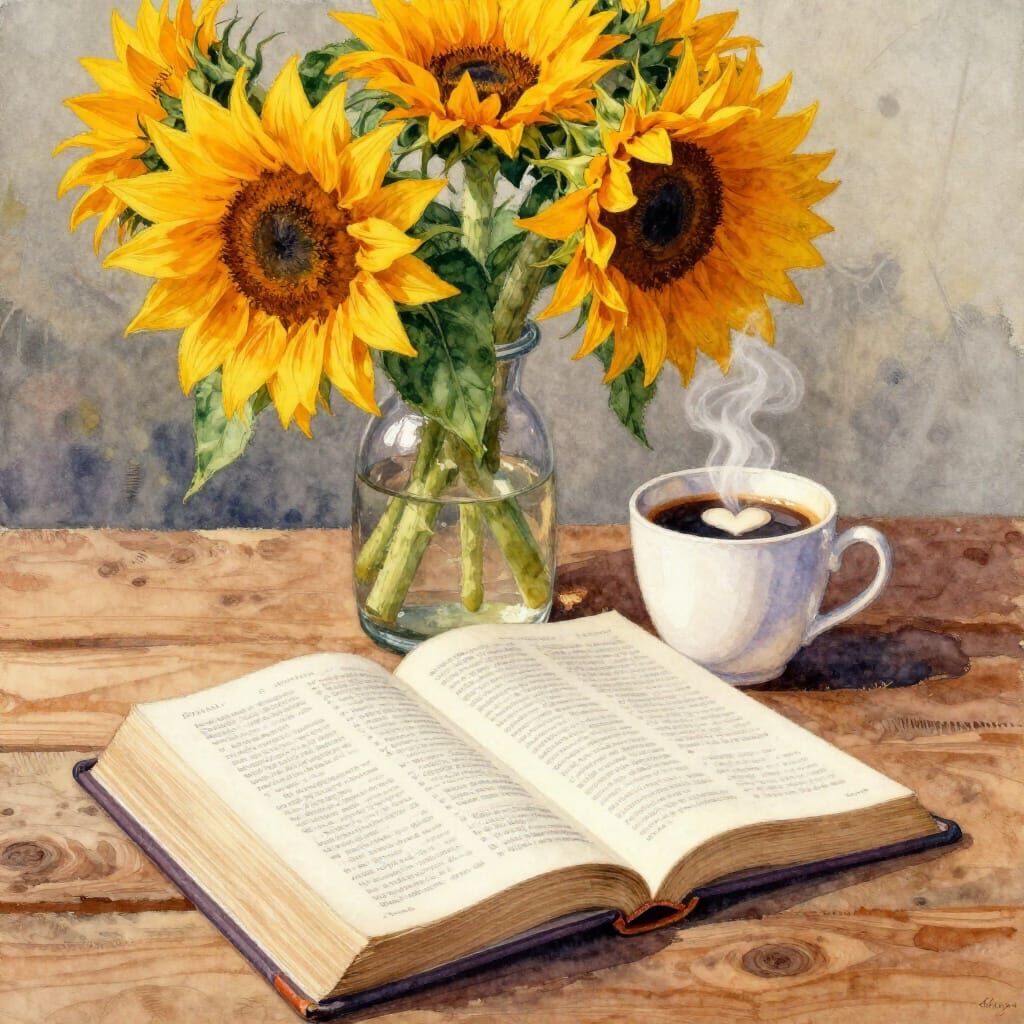 Watercolor Bible Study with Coffee and Sunflowers