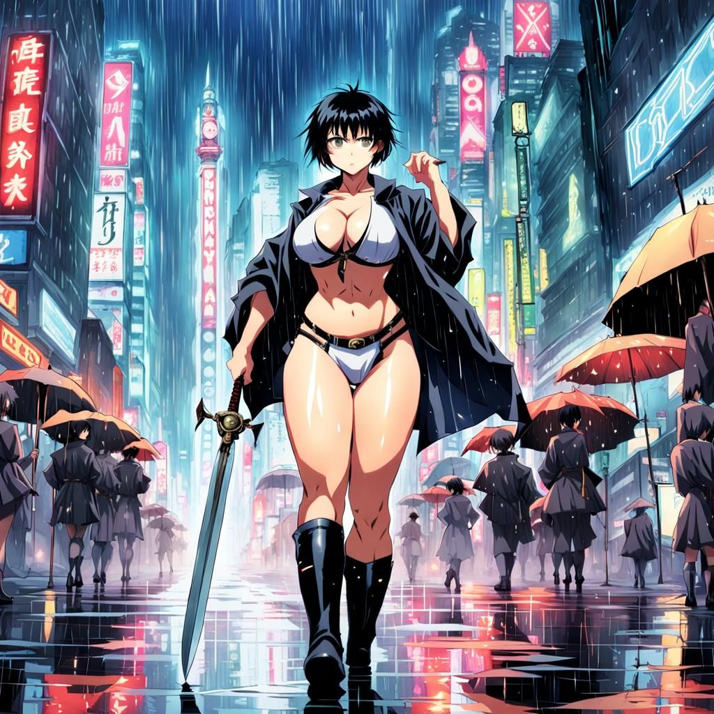 Anime Girl with Sword in Neo Tokyo Rain