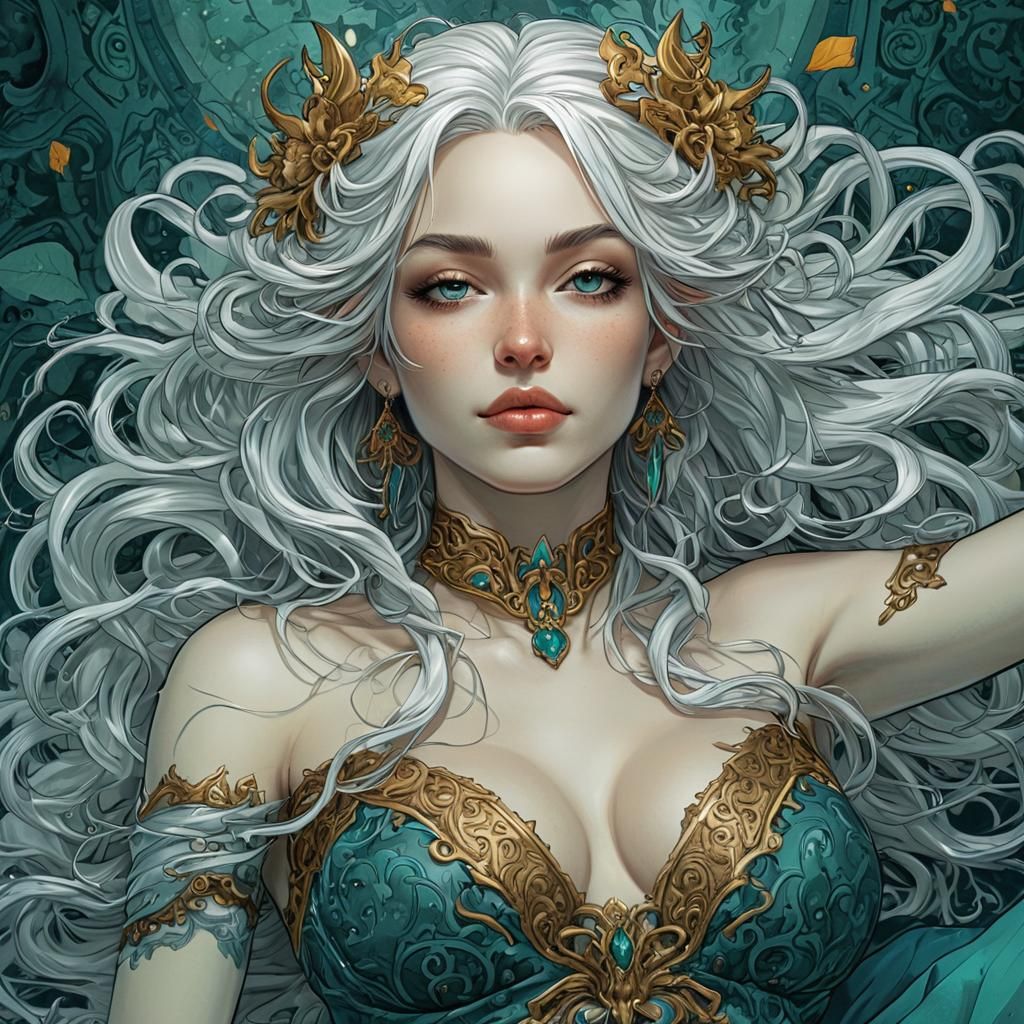 Elven Portrait in Teal Environment, Ink Masterpiece