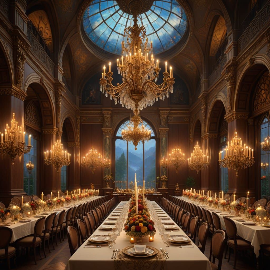 Opulent Banquet in Castle Hall: Hyperrealistic Digital Art