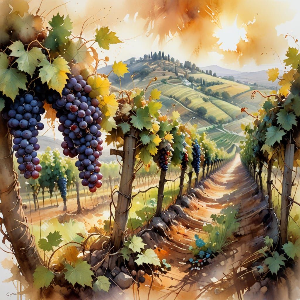 Surreal Watercolour Vineyard Scene with Ripe Grapes and Drea...