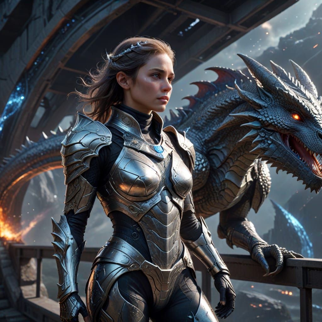 Woman and Dragon on Bridge Under Andromeda Galaxy