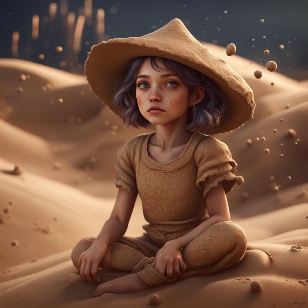 Cute Sand Girl in Pajamas: Detailed Matte Painting