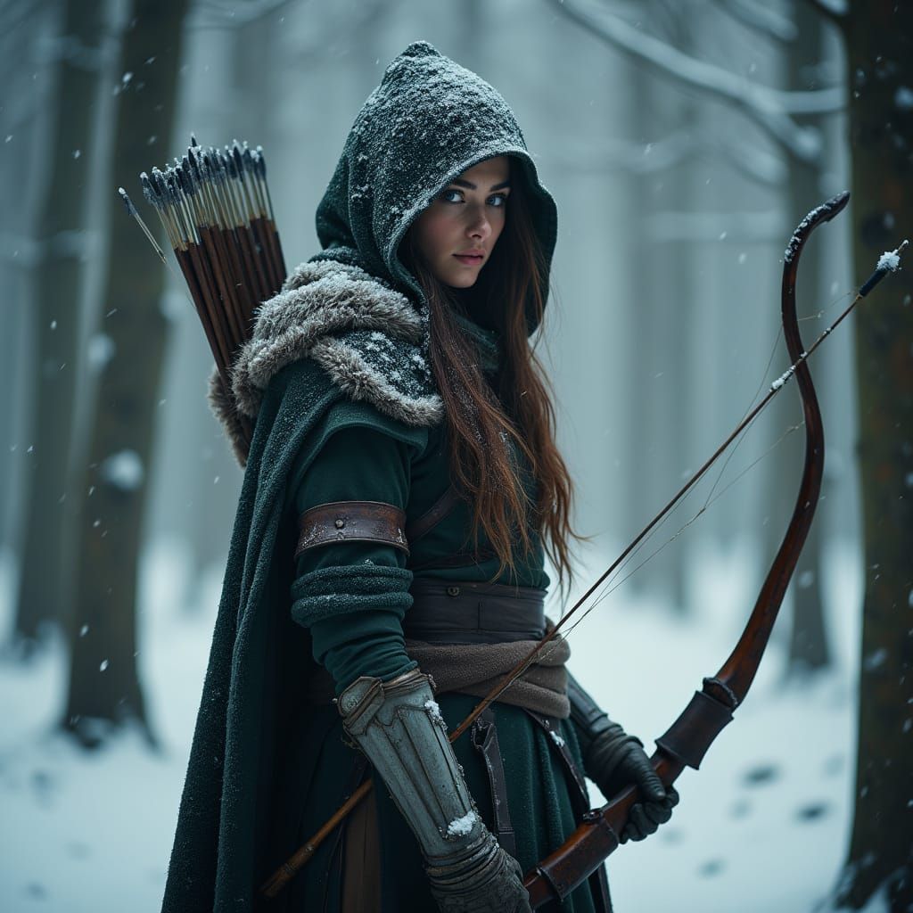 Woman Warrior Hunting in Snowy Forest