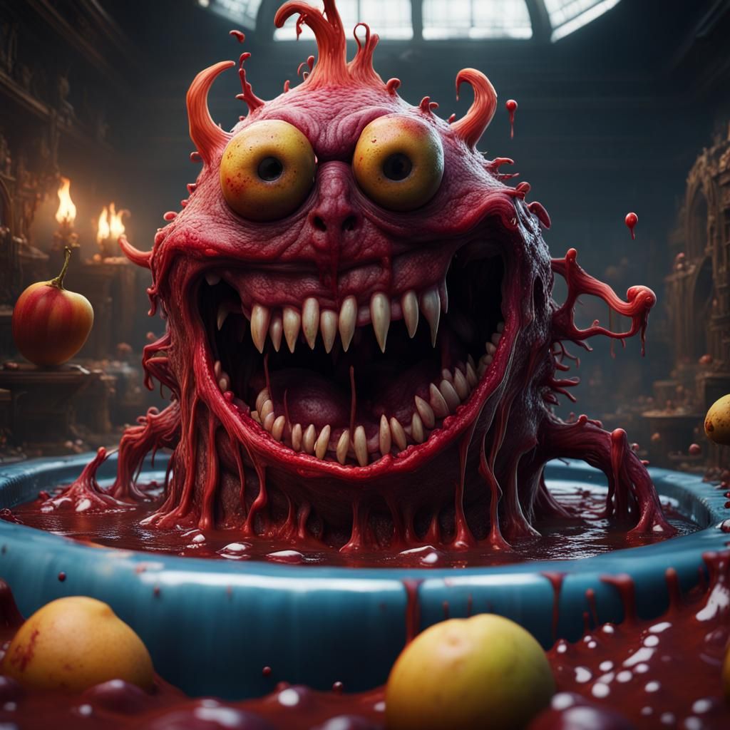 Menacing Fruit Monster Laughing in a Blood Pool