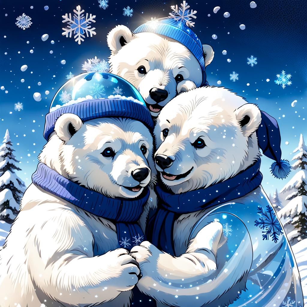 Polar Bears Celebrate Winter in Iridescent Snowglobe