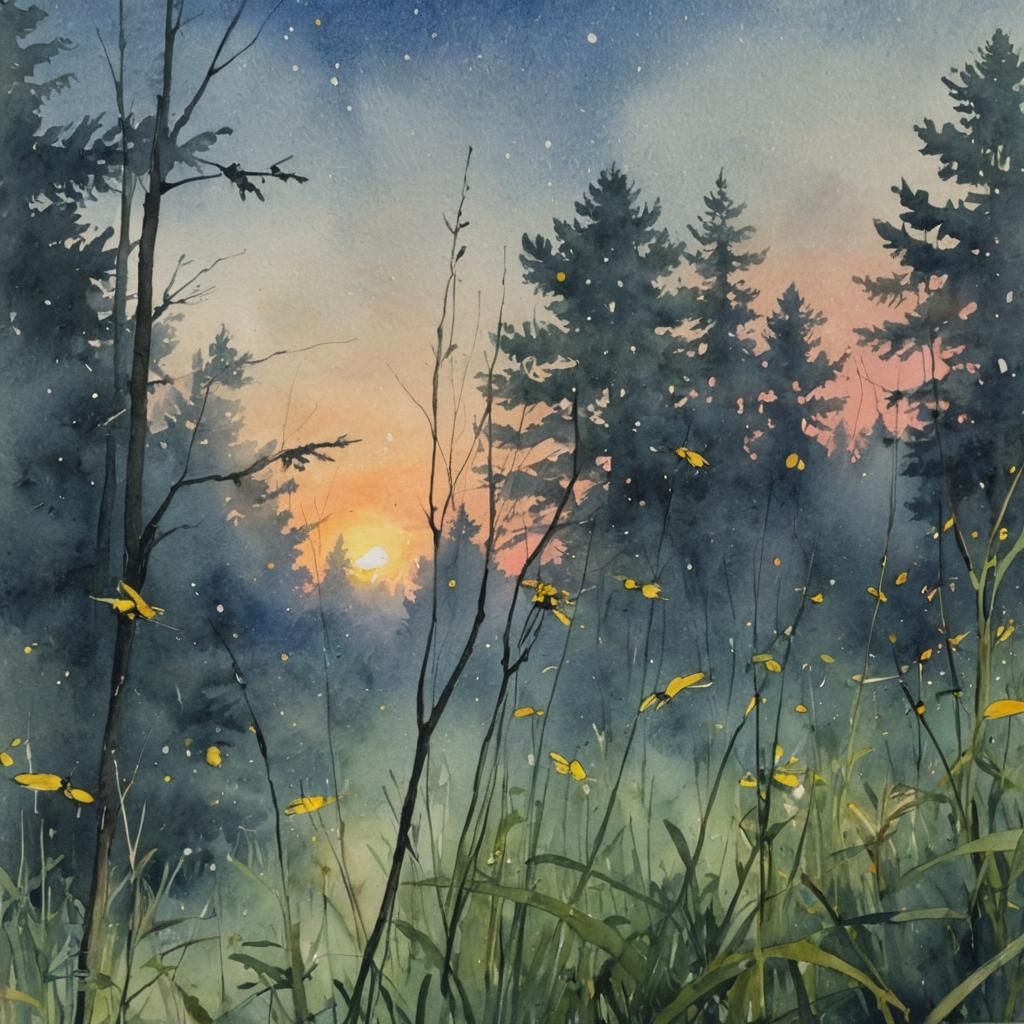 Fireflies at Sunset in Watercolor Wet Wash Style