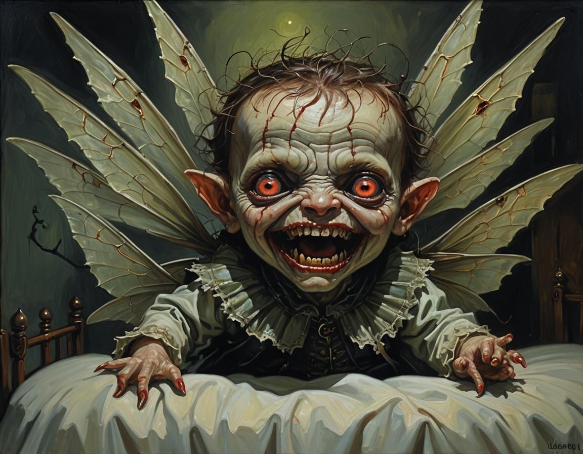 Gothic Horror: Demonic Fairy Changeling in Baby Bed