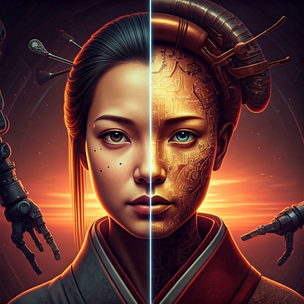 Android Geisha Portrait in Mixed Media Style