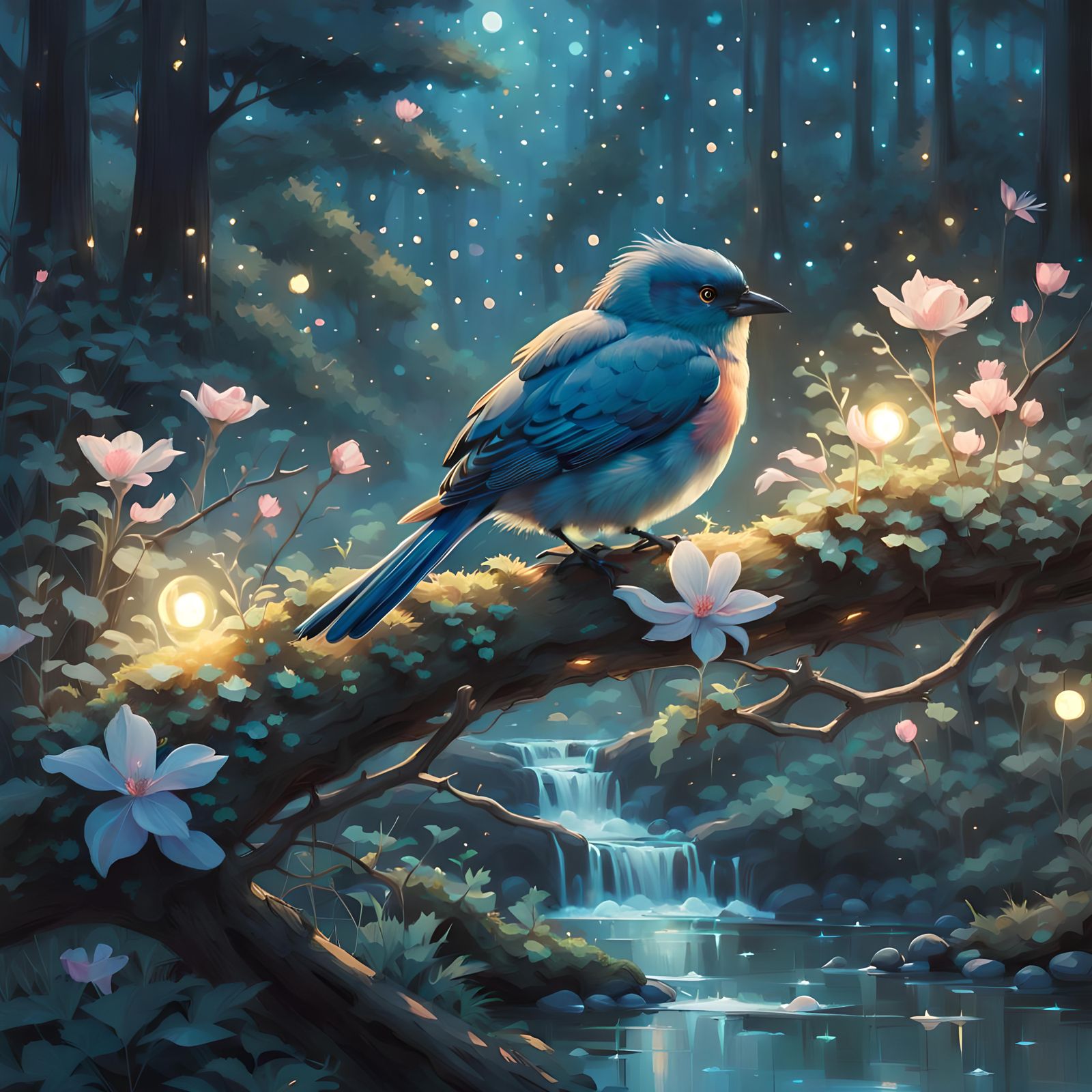 Enchanted Bird in Bioluminescent Forest, Digital Art