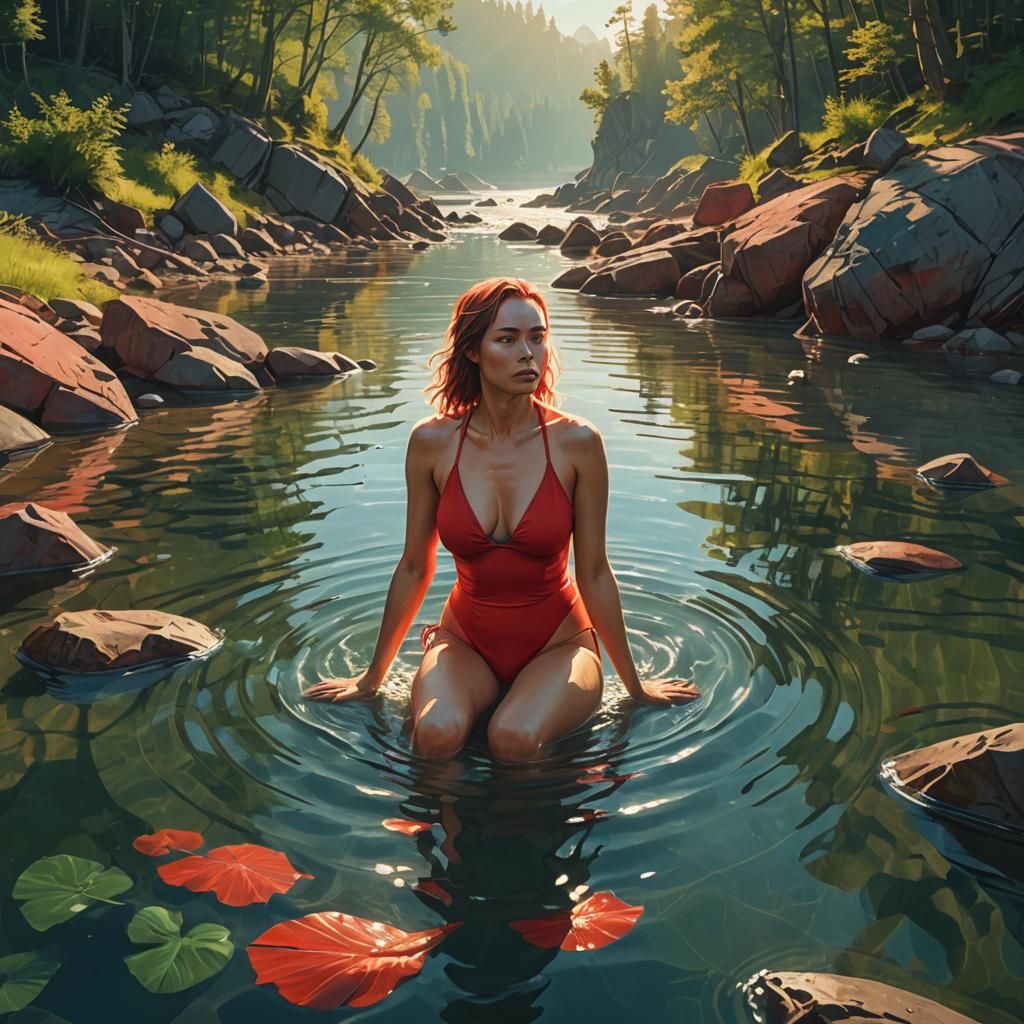 Woman in Red Swimsuit: Dreamy Digital Art