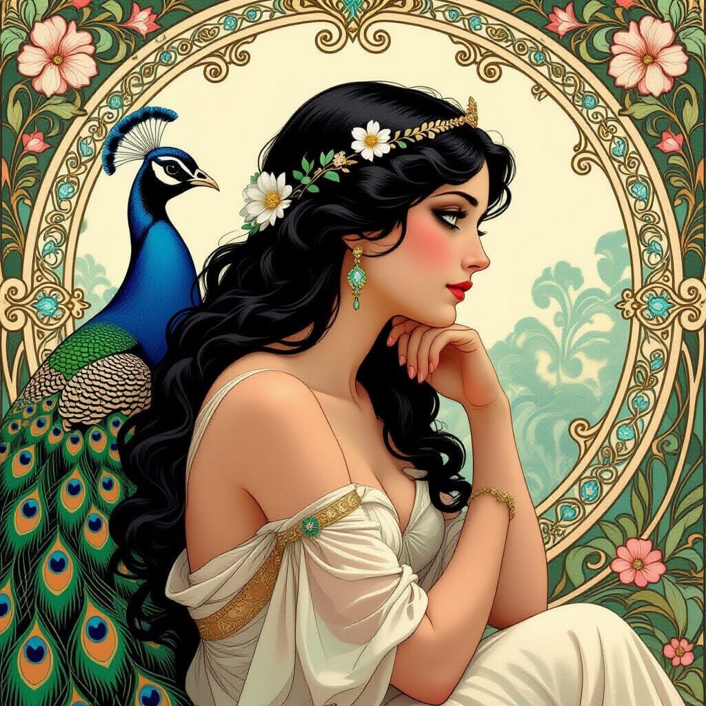 Art Nouveau Aphrodite Contemplating with Majestic Peacock