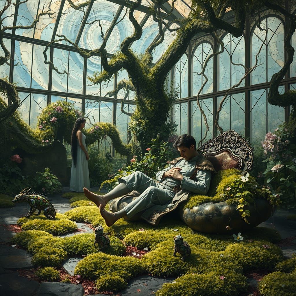 Weathered Prince in Overgrown Greenhouse: Painterly Realism
